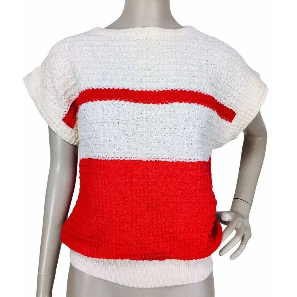 Vintage 80s Liz Sport Color Block Waffle Knit Short Sleeve Pullover Sweater Top - Picture 2 of 7